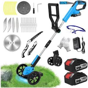 Electric Weed Wacker Eater Cordless Battery Powered, 21V Lightweight No-String Weed Trimmer with 2 Battery Operated & Wheels, 3 in 1 Stringless Grass Trimmer/Edger/Brush Cutter for Garden Yard Lawn