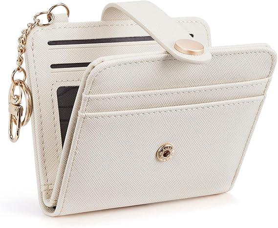 POIUGOYA Slim Wallet for Women, RFID Blocking Bifold Credit Card Holder with Zipper Coin Pocket, ID Window, Keychain, 3-Cross Grain-Beige