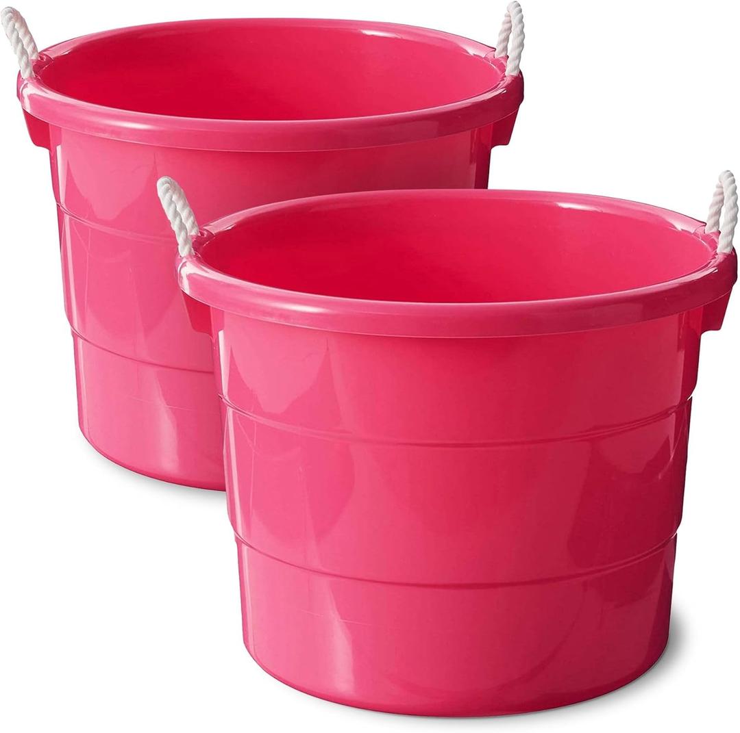 HOMZ 2-Pack Utility Tub, Large Plastic Storage Bucket with Rope Handles, 18 Gallon, Pink - Portable Indoor and Outdoor Buckets for Kitchen, Laundry, Garden, Bathroom, and Garage Organization