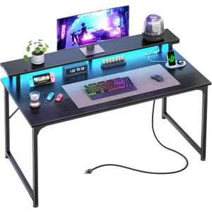PRAISUN 40 inch Gaming Desk, LED & Power Outlets, Monitor Stand, Black