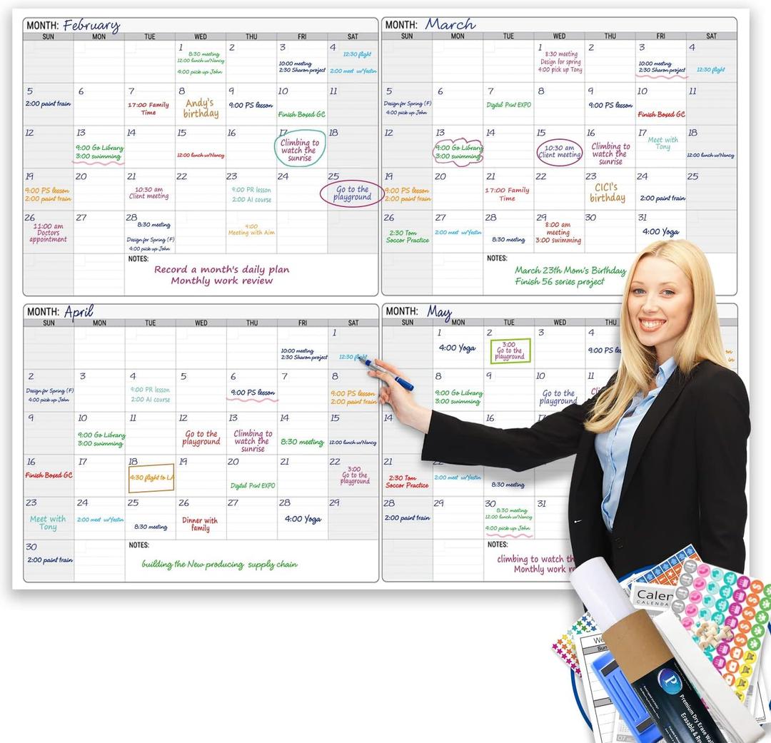 Dry Erase Four Month Laminated Jumbo Wall Calendar, 46" x 63", Huge Quarterly Laminated Erasable White Board, Giant 120 Day Family Whiteboard Schedule Planner, Large Multi Month Reusable Poster (Non-magnetic Calendar)