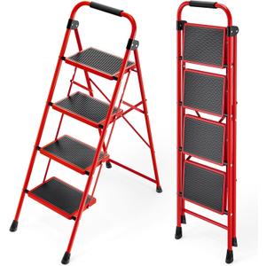 KINGRACK Step Ladder, Folding Ladder with Non-Slip and Wide Pedal, Small Ladders with Handle, Heavy Duty Steel Ladder, Lightweight Step Ladder (Red, 4 Step Ladder)