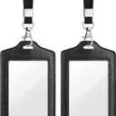 Teskyer 2 Pack Double Sided Clear Badge Holder with Lanyard, PU Leather ID Badge Name Card Holder with Stainless Steel J-Hook Nylon Lanyard for Work, School, Metro, Access, Black