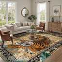 DCX Washable 9x12 Tiger Area Rug, Brown Vintage Animal Rug for Living Room, Soft Low Pile Carpet, Kid & Pet Friendly with Rubber Back Non Slip, Stain Resistant Rug for Bedroom Dining Room Office
