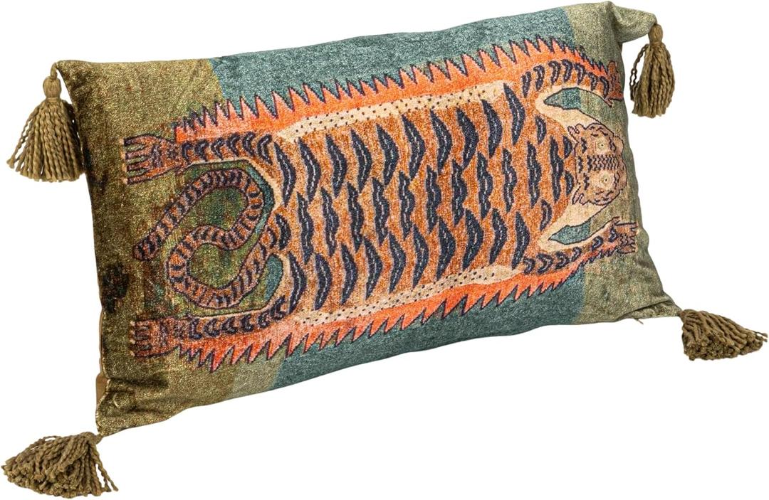 Creative Co-Op Cotton Velvet Blend Tiger Lumbar Pillow with Tassels, Multicolor, 24L x 14W x 0.5H inches