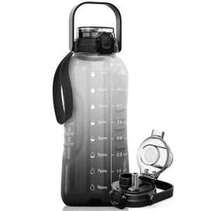 AQUAFIT 64 oz Water Bottle with Time Marker - 2in1 Straw & Chug Lid - BPA Free Big Water Bottle with Straw - Gym Water Bottle with Strap - Water Jug (64 Ounces, Midnight Gray)