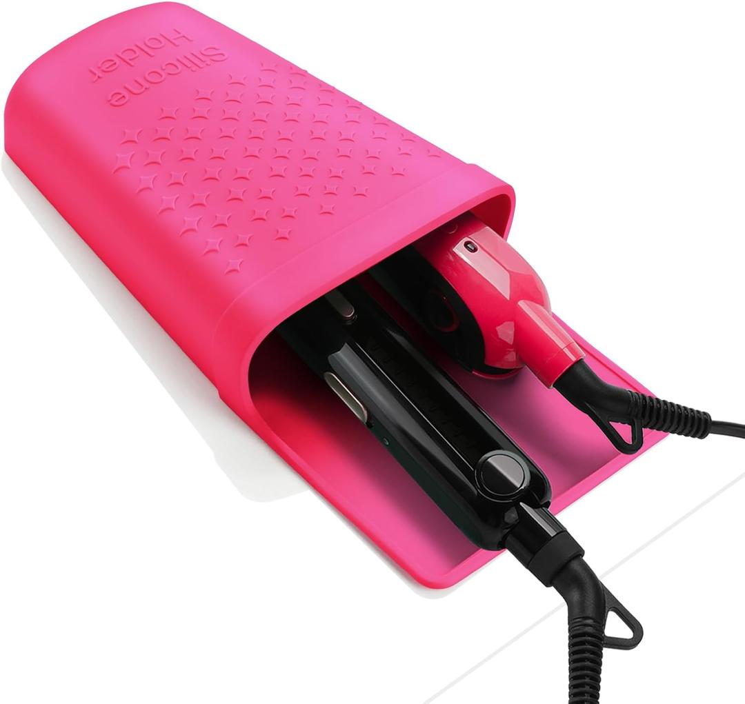 ZAKRA Curling Iron Holder,Heat Resistant Silicone Holder for Flat Iron,Hair Straightener,Hot Hair Tools,Vanity Accessories Fix with Stainless Steel Hook.(Hotpink)