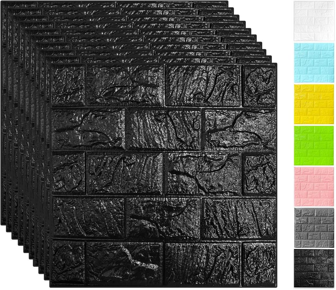 11-Pack 64 Sq.Ft Peel and Stick 3D Wall Panels for Interior Wall Decor, Black Brick Wallpaper