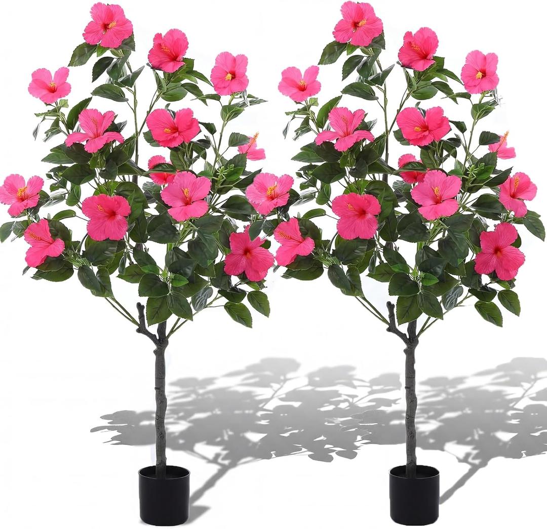 Giegxin 2 Pack 4 ft Artificial Hibiscus Tree Fake with 14 Flowers Hibiscus Tree with Base Silk Faux Flowers Realistic Plant for Front Porch Patio Office Indoor Outdoor Wedding Decor(Rose Red)