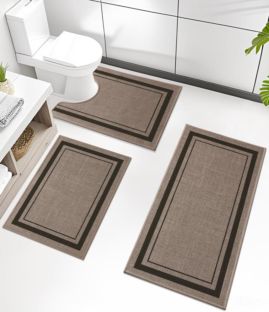 chakme Bathroom Rug Sets 3 Piece, Ultra Thin Bath Mat Absorbent, Non Slip, Machine Washable, Dark Beige, 17" x 24" / 17" x 30" / 17" x 59"