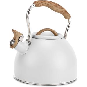Tea Kettle, Vegoran 100 OZ / 3 Liter Whistling Tea Kettle, Tea Pots for Stove Top Food Grade Stainless Steel with Wood Pattern Folding Handle, Loud Whistle Kettle for Tea, Coffee, Milk (White)