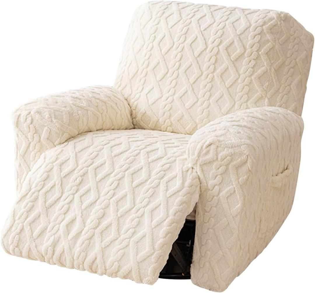 Recliner Chair Covers 4-Pieces, Soft Stretchable Slipcovers with Elastic Straps, Oversized Plush Furniture Protector, White, Storage Pocket on Arm Cover