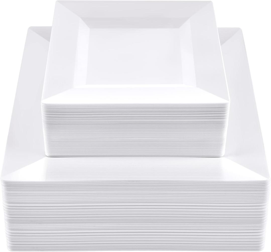 SETUP 100-Piece White Square Plastic Dinnerware Set 50 9.5" Dinner & 50 6.5" Salad Plates Heavy-Duty Disposable for Weddings, Catering, Parties, 100 Count