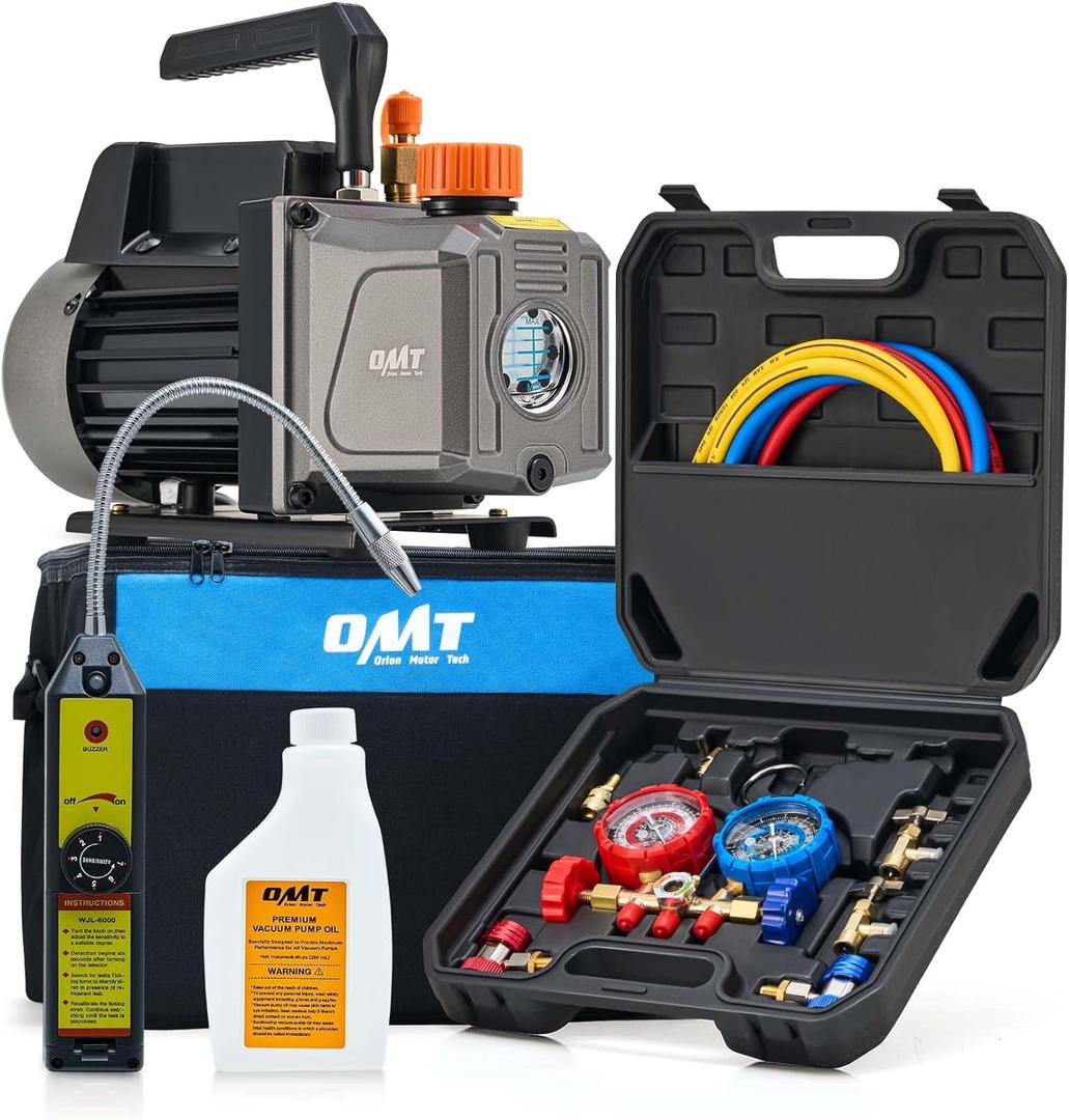 Orion Motor Tech AC Vacuum Pump and Gauge Set, 1/3 hp 4 cfm Vacuum Pump Manifold Gauge Kit with Leak Detector 3 Hoses & Accessories for R134a R12 R22 R502, A/C Vacuum Pump Kit for Auto HVAC Systems. Oil has leaked and the item is stained.