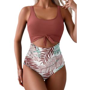 Eomenie Women's One Piece Swimsuit Tummy Control Slimming Bathing Suit Cutout Tie Knot Swimwear (X-Large, Brick Red Print 02)