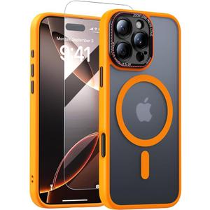 JUESHITUO for iPhone 16 Pro Max Case with 1X Screen Protector, [Tailored for MagSafe] [Mil-Grade Shockproof Defense] with Integrated Lens Protection Translucent Case for iPhone 16 Pro Max, Orange