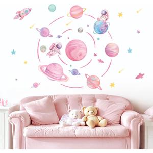 Pastel Pink Planet Orbits Wall Decals, Fantasy Outer Space Themed Wall Stickers with Rocket Astronaut and Stars for Kid's Bedroom, Nursery, Playoom, Peel and Stick Reusable