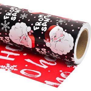 Altarho Christmas Wrapping Paper Mini Roll 17 inch X 16.5 Feet Printed on Purple Metallic Foil Paper - Reversible, Santa and Snowflakes, for Xmas, Holiday, Party Celebration (Black Red Foil Santa, 17 Inch X 16.5 Feet)