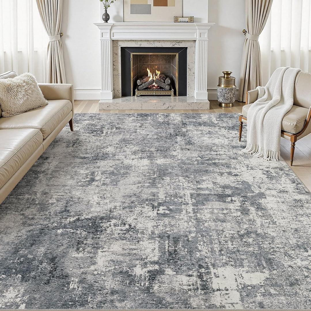 8X10 Area Rugs Living Room: Abstract Washable Rug Blue Grey | Modern Neutral Carpet For Bedroom Dining Room Nursery Home Office Decor, Stain Resistant Large Soft Low Pile Indoor Floor