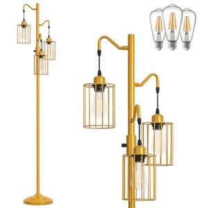 Flarouch Dimmable Floor Lamp, 3 x 800LM LED Edison Bulbs Included, Standing Lamp, Farmhouse Industrial Vintage Corner Tall Tree Floor Lamps for Living Room Bedroom Office, Gold