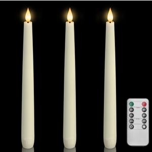 Homemory 3 Pcs Waxy Flameless Taper Candles with Remote, Flickering Battery Operated Classic Tall Candles for Home, Wedding, Party, Ivory, 9.6 inches