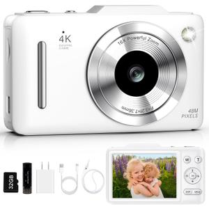 Digital Camera 4K Autofocus Vlogging Camera for Photography with 16X Zoom Anti Shake, 32GB Card, 48MP Compact Portable Point and Shoot Camera for Kids Boys Girls Teens Beginner, White