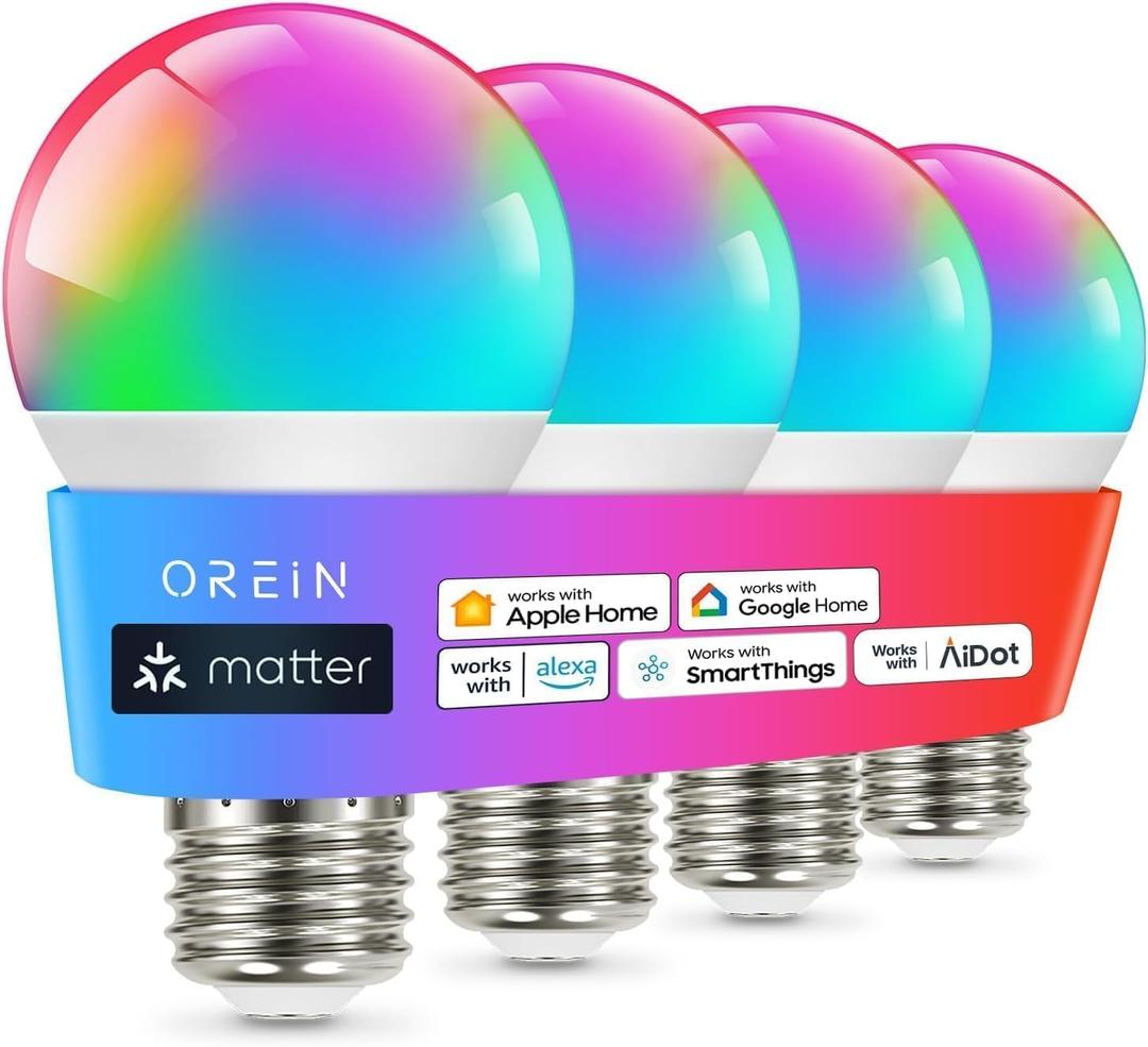 OREiN Matter Smart Light Bulb, Smart Light Bulbs Work with Apple Home, Alexa, Google Home, SmartThings, A19 Color Changing Light Bulbs 2.4Ghz WiFi, 800 Lumens Equivalent 60W, 4 Pack