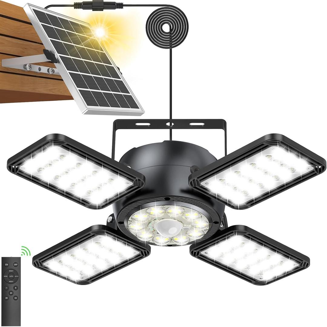 Solar Shed Light Outdoor Indoor Upgrade 1200LM 174LED 4 and 1 Heads Motion Sensor Pendant Light, Solar Lights with 5 Lighting Modes Remote Control IP65 Waterproof for Barn Patio Gazebo Shop (Black)