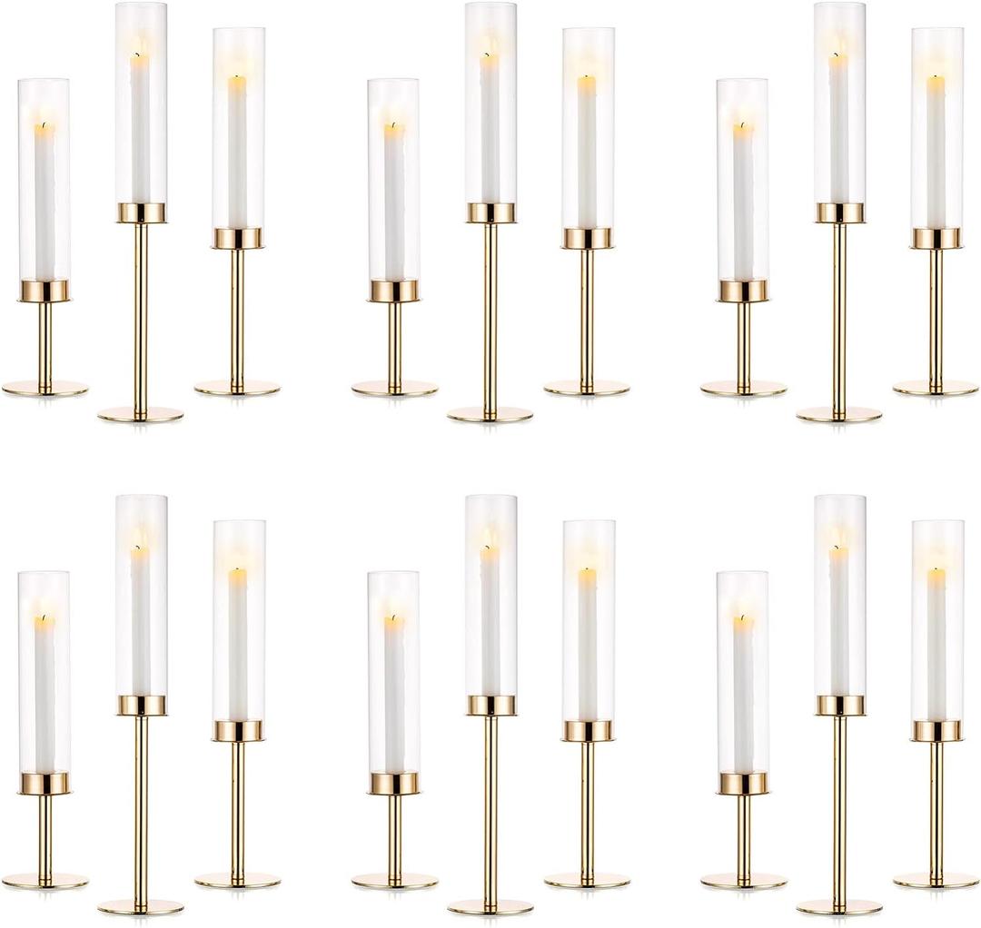 NUPTIO Gold Candlestick Holders Bulk: Set of 18 Glass Hurricane Taper Candle Holders - Decorative Candle Stick Stand for Fall Christmas Fireplace Dining Table Decor (18 Stcke48 & 41 & 35 cm)
