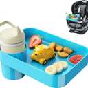 Car Seat Snack Tray for Toddlers - 3 Inch Cup Holder Fits Most Sippy Cups & Straw Bottles with Dip Well, Mess-Free Square Kids Travel Tray Road Trip Essentials, Sky Blue