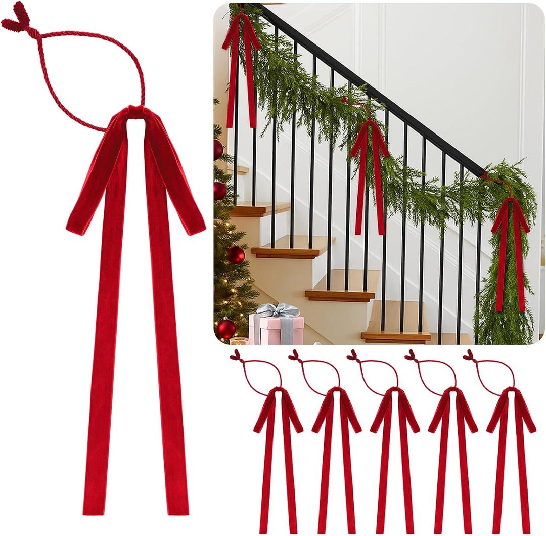 Dingion 16 Pcs Red Velvet Bow Christmas Garland Ties for Banister Xmas Swag Bow Ribbon Decor Stair Twist Ties Vintage Banister Wrap Railing Holder for Holiday Rail Socks Banner Rail Decor