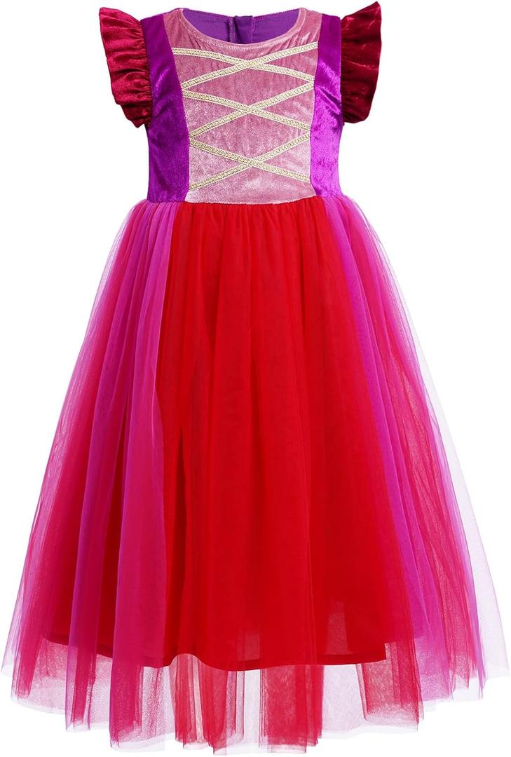 IBTOM CASTLE Kids Girls Halloween Costume Witch Tulle Dress Velvet Hooded Cloak Wigs Set Carnival Fancy Dress Up Outfit (7-8 Years)