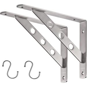 YUMORE Stainless Steel Shelf Bracket 10", Heavy Duty Solid Shelf Support Corner Brace Joint Right Angle Bracket, L Bracket with 2 S Hook, 2 Pack