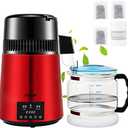 VEVOR 1.1Gal Water Distiller, 0.3Gal/H, Distilled Water Maker Machine 750W 0-99H Timing Dual Temp Display, 304 Stainless Steel Countertop Distiller Glass Carafe Cleaning Powder 3 Carbon Packs, Red