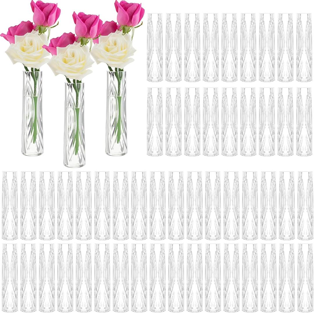 Ninehaoou 50 Pcs Plastic Bud Vases in Bulk Clear Small Flowers Vases for Centerpieces Wedding Decorations Home Banquet Formal Dinners Party Table Decor Office Ornaments, 5.5 * 1.2 Inch