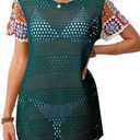 OUKODS Women Summer Short Sleeve Crochet Flower Sheer Knit Sweater Top Beach Cover Up Hollow Out Sexy See Through T-Shirts, M Blue