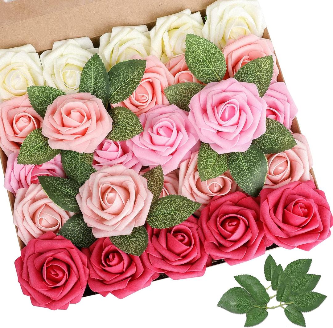 AmyHomie Artificial Flower Seriesa Red Rose 25pcs Real Looking Fake Roses w/Stem for DIY Wedding Bouquets Centerpieces Arrangements Party Baby Shower Valentines Day Christmas Tree Decorations