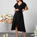 Womens Wedding Guest Midi Dress Flutter Sleeve V Neck Wrap High Low Bridesmaid Cocktail Formal Dresses for Women (Black)