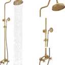BWE Antique Brass Shower Kit Exposed Shower System 8-Inch Rainfall Shower Head with Handheld Spray High Pressure Double Cross Knobs Shower Fixture Wall Mount