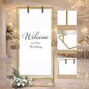 Wedding Welcome Sign Stand, Adjustable Metal Wedding Sign Holder with 2 Leather Straps, 4 Ground Stakes & Carry Bag, Sturdy Powder-Coated Steel Display Stand for Wedding Signs & Seating Chart(Gold)