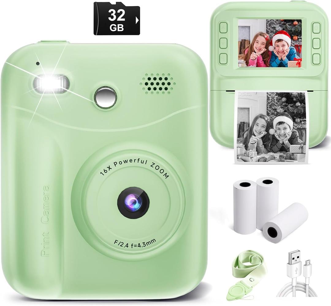 MINIBEAR Kids Camera Instant Print, Instant Print Camera for Kids Digital Camera Toddler Toys Christmas Birthday Gifts for 3 4 5 6 7 8 9 10 Year Old Boys Girls Video Camera with Print Paper, Green