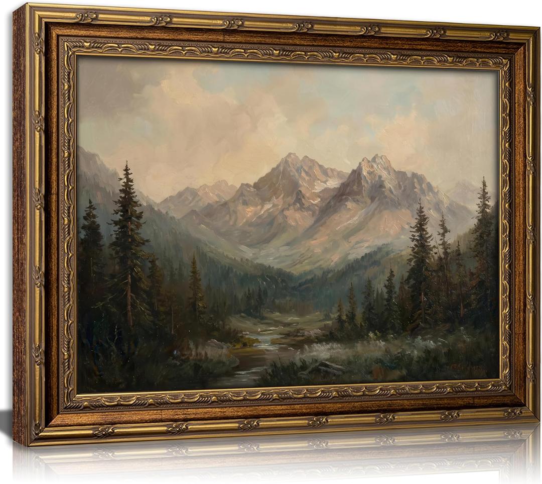 KKP Vintage Gold Framed Mountain Canvas Wall Art, Mountain Scenery Canvas Print, Classic Country Painting Picture, Farmhouse Wall Decor for Living Room Bedroom Hallway Home Decoration 9x11 Inch