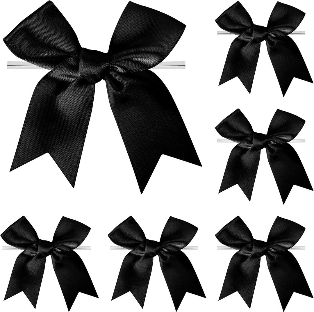 Twist Tie Bows, Satin Ribbon Bows - 3 Inches, 50-Pack for Treat Bags Gift Wrapping Basket Crafts Wedding Baby Shower Brithday Christmas Party Decorations (Black)