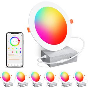 Smart Recessed Lighting 6 Inch RGBCW Color Changing 16W LED Recessed Ceiling Light with Junction Box,1350LM Canless LED Downlight Compatible with Alexa,Dimmable by Bluetooth Control -6 Pack