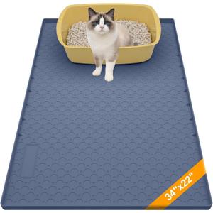 Silicone Large Cat Litter Mat 34" X 22", Cat Mat for Litter Box, Cats Litter Trapping Mat, Non-Slip and Waterproof, Raised Edges, Blue