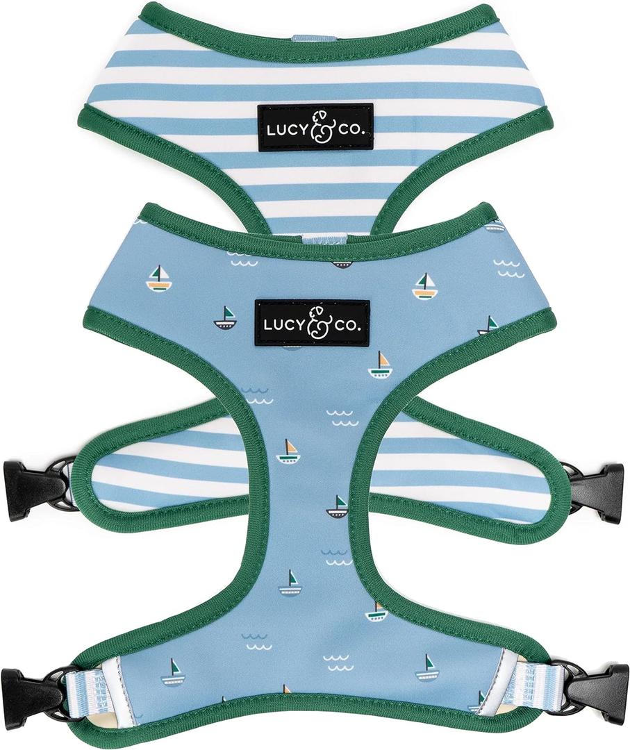 Lucy & Co. Set Sail Reversible Harness, Walking Halter - Best Designer Pet Harnesses for Medium Dogs - Padded Adjustable Vest for Easy Walking, Medium, Blue & White Stripes & Sailboats (The Set Sail Reversible Harness)