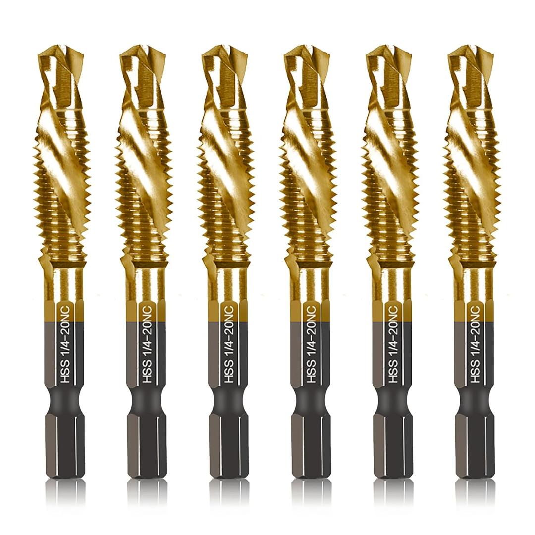 6-pc 1/4-20NC Combination Drill Tap Bit Set SAE, 1/4" UNC-20 Thread Size, Titanium Coated High-Speed Steel, Ideal for Drilling and Threading in Soft Metal Wood and Plastic, 1/4 Hex Shank