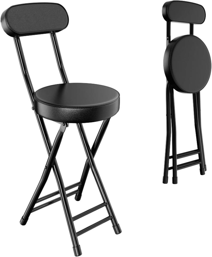 H HOMEWINS Cushioned Padded Folding Stool,23.6-Inch Counter Height Bar Stool,Portable Folding Stool with Handle for Fishing Hiking Gardening Travel BBQ (Black)