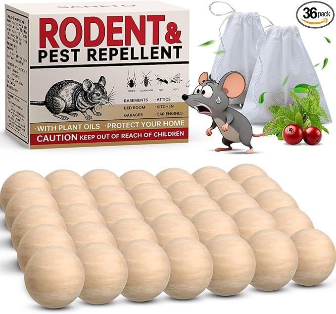 Mouse Repellent 36 Balls, Peppermint Rodent Repellent for Indoor & Outdoor Use, Long-Lasting Safe Mice Deterrent, Natural Effective Moth Balls for Rodent Control for Home, Car & Garden