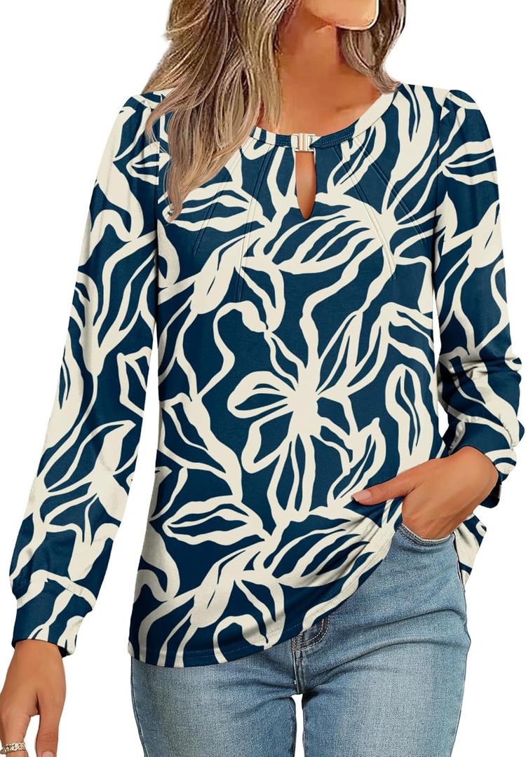 AKEWEI Womens Fall Long Sleeve Tops Work Casual Dressy Shirts for Women Keyhole Pleated Puff Sleeve Blouse (S)